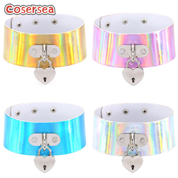 4 Colors Punk Nightclub Laser Leather Necklace Collar Concentric Heart-shaped Lock Pendant Choker