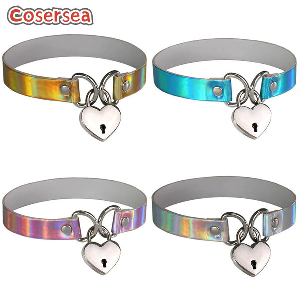 4 Colors Punk Style Laser Luminous Short Necklace Concentric Heart Lock Pendant Collarbone Choker