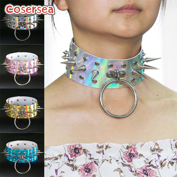 4 Colors Punk Style Pointed Nail Rivet Neck Tie Necklace Nightclub Bar Luminous Laser Leather Choker