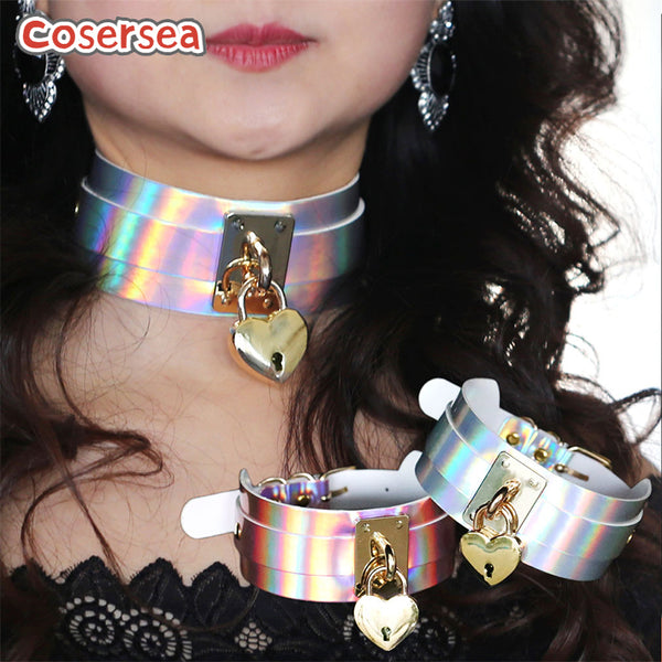 4 Colors Punk Style Wide Version Laser Leather Necklace Collar Peach Heart Lock Pendant Nightclub Choker