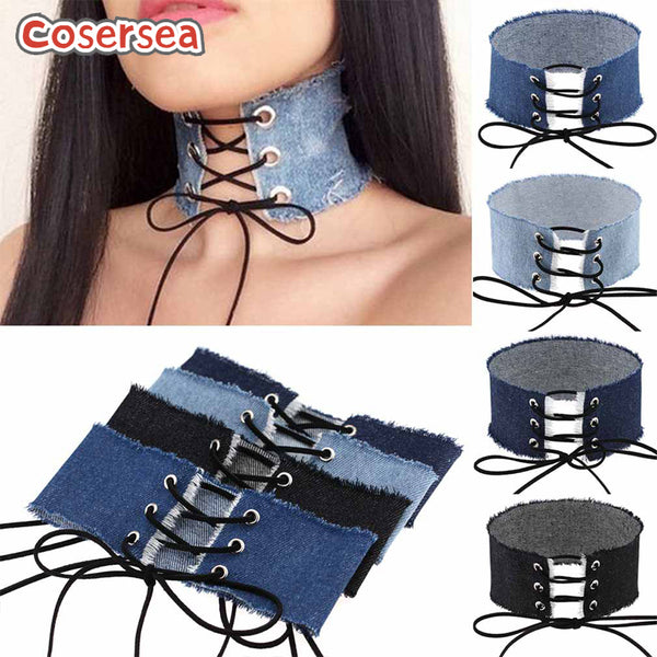 4 Colors Retro Brushed Edge Personalized Blue Denim Wide Collarbone Necklace