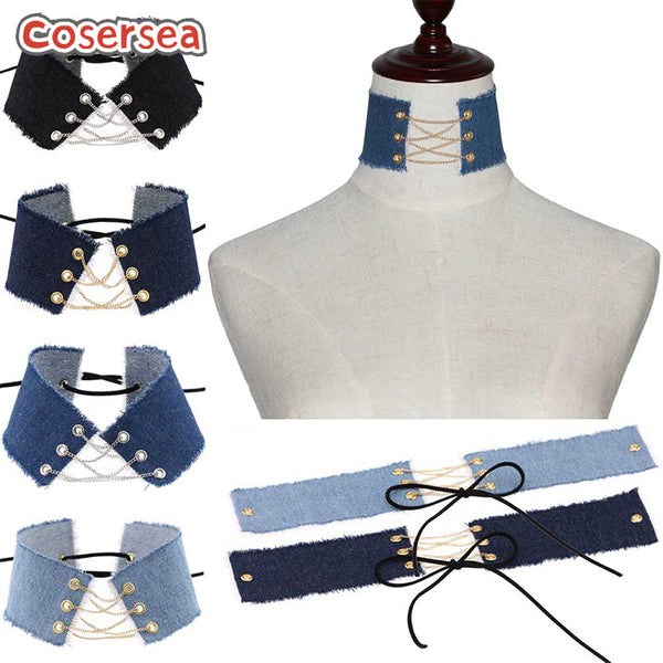 4 Colors Retro Personality Fringed Punk Gothic Denim Necklace Neck Strap Collarbone Chain