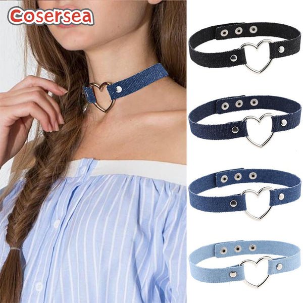 4 Colors Retro Personalized Denim Necklace Heart-shaped Collar Women's Neck Strap Choker
