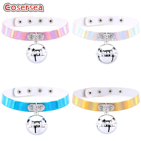 4 Colors Retro Punk Laser Leather Bell Pendant Collar Necklace Women's Short Choker