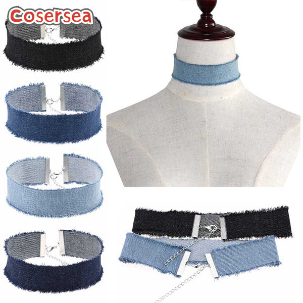 4 Colors Retro Single-layer Frayed Edge Punk Denim Collarbone Necklace Neck Chain