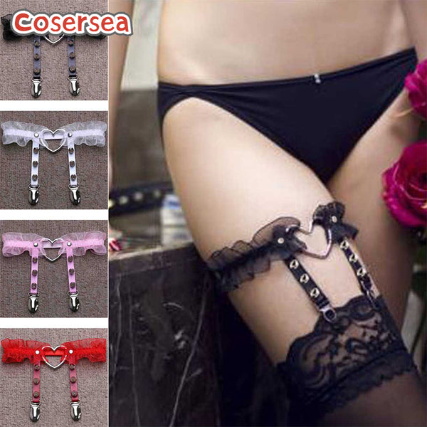 4 Colors Sexy Heart Garter Belt Nightclub Bar PU Leather Rivet Leg Circle Garter Clips