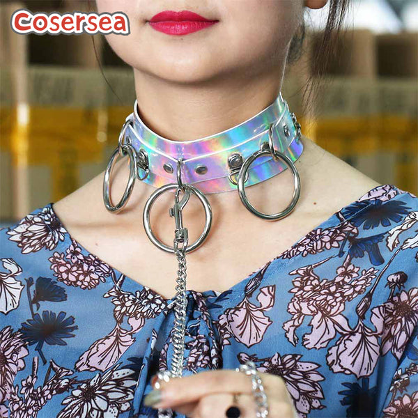 4 Colors Sexy Toy O-ring Laser Leather Collar Training Female Dog Slave Traction Rope Restraint Choker