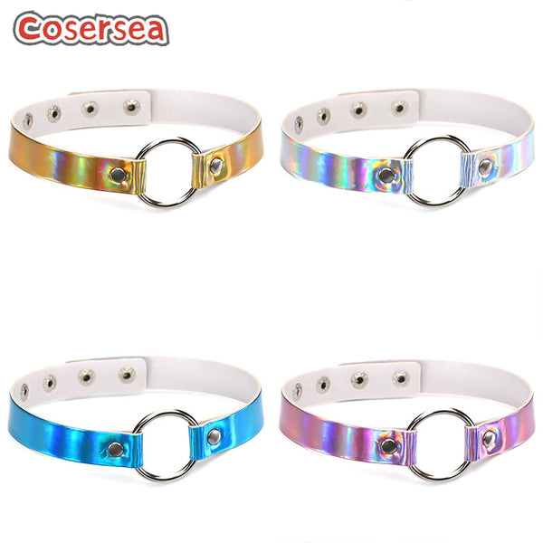 4 Colors Trendy Punk Laser Leather Ring Collar Necklace Collarbone Chain