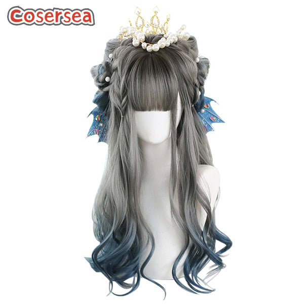 55cm Long Loose Wavy Dark Gray Gradient Blue Lolita Wigs