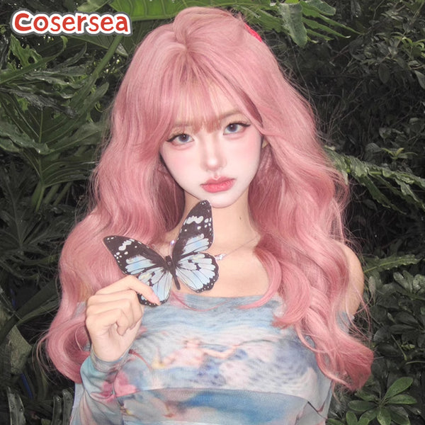 55cm Women Long Loose Wavy Pink Lolita Wigs With Bangs
