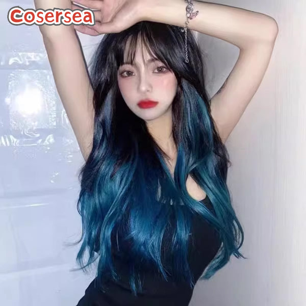 60cm Long Loose Wavy Black Gradient Blue Lolita Wigs
