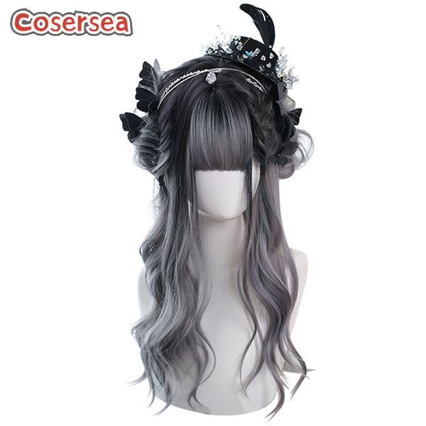60cm Long Loose Wavy Black Gradient Gray Lolita Wigs