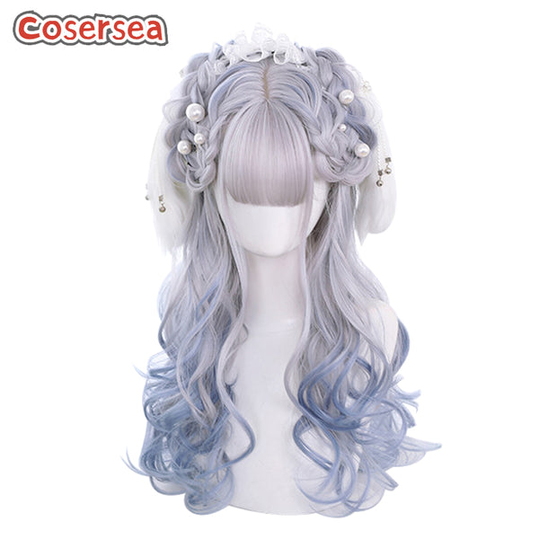 60cm Long Loose Wavy Gray Gradient Blue Lolita Wigs
