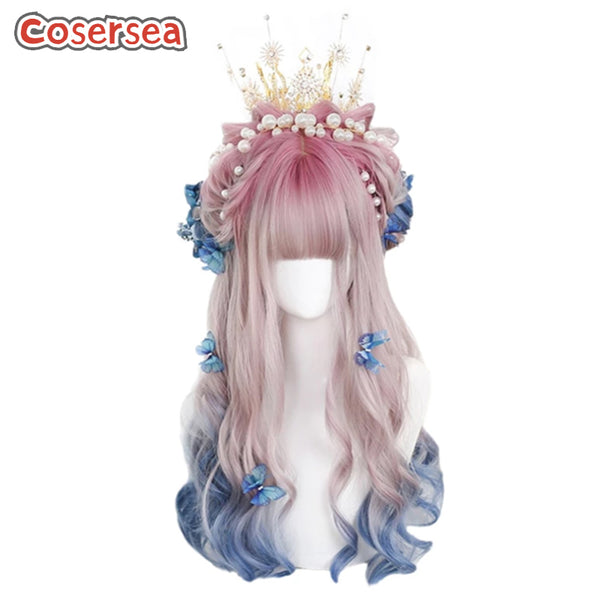 60cm Long Loose Wavy Mixed Pink Gradient Blue Lolita Wigs