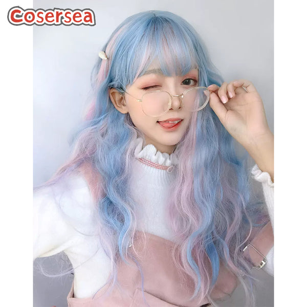 62cm Long Loose Wavy Blue Mixed Pink Lolita Wigs