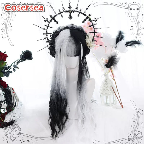 65cm Fashion Long Curly Black Gradient White Lolita Wigs