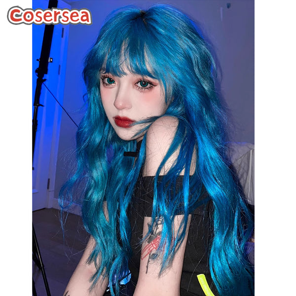 65cm Fashion Women Long Loose Wavy Blue Lolita Wigs