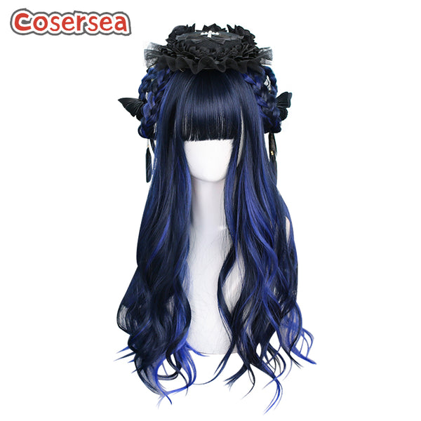65cm Long Fashion Loose Wavy Black Mixed Blue Lolita Wigs