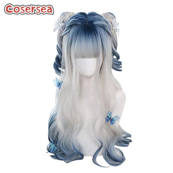 65cm Long Fashion Loose Wavy Silver Gray Gradient Blue Lolita Wigs