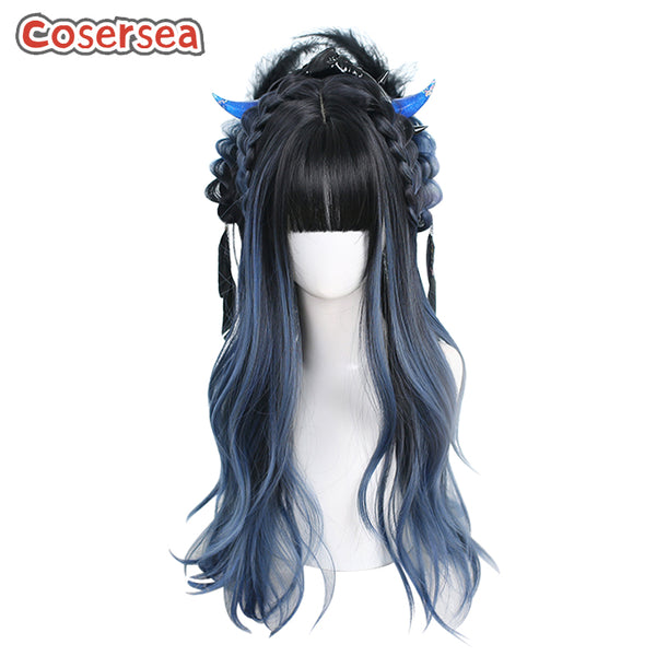 65cm Long Loose Wavy Black Mixed Blue Lolita Wigs