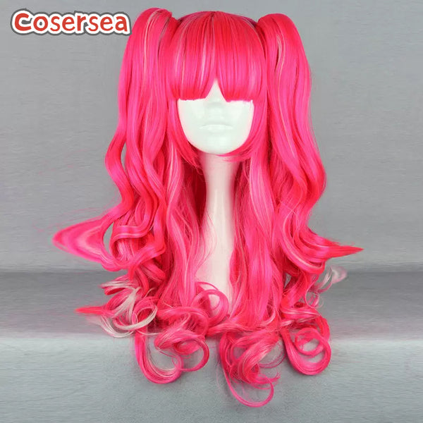 70cm Hot Pink Mixed White Curly Ponytail Wigs With Flat Bangs