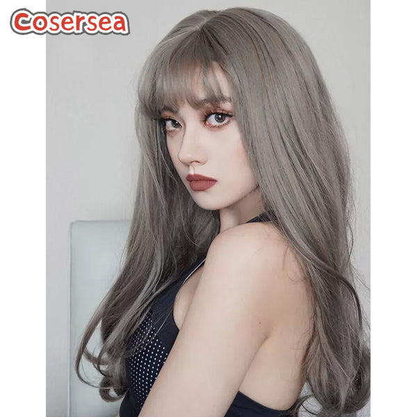 70cm Women Long Loose Wavy Gray Lolita Wigs With Bangs