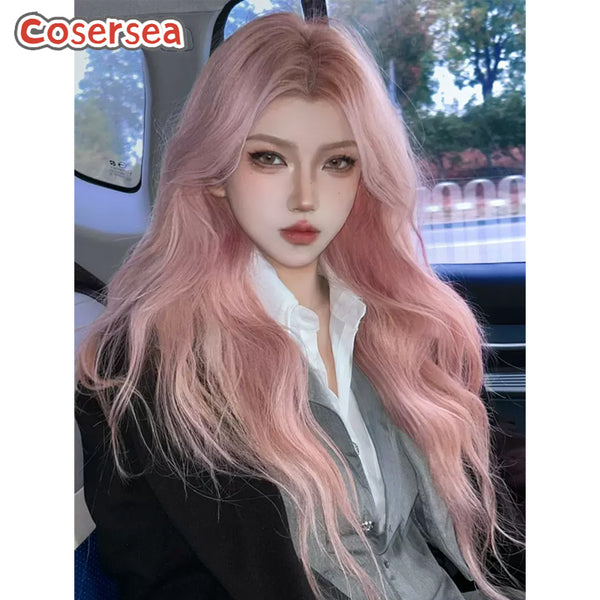 70cm Women Long Loose Wavy Pink Lace Lolita Wigs