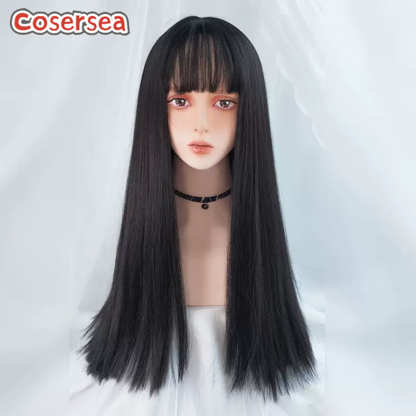 70cm Women Long Straight Black Lolita Wigs With Bangs