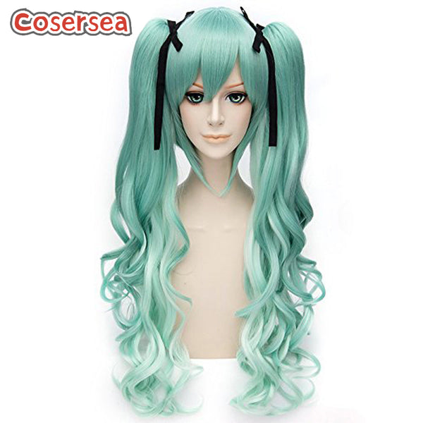 80cm Green Gradient Curly Ponytail Wigs With Bangs