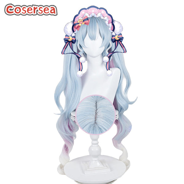 90cm Long Curly Light Blue Mixed Pink White Ponytail Wigs