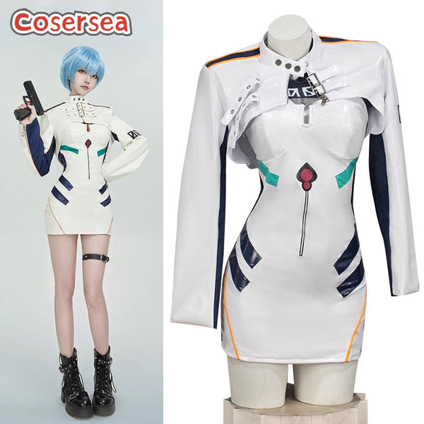 Cosersea Anime EVA Rei Ayanami Racing Halloween White Dress Suit Cosplay Costume
