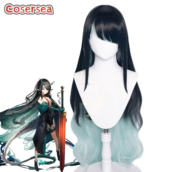Arknights Dusk 100cm Long Wave Black Mixed Light Blue Cosplay Wigs