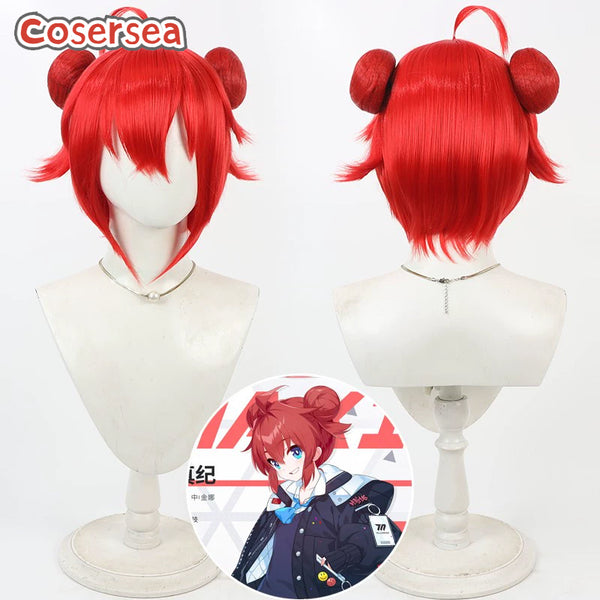 Blue Archive Konuri Maki 30cm Short Red Cosplay Wigs With Buns