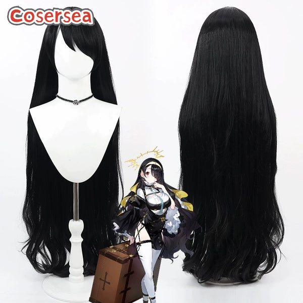 Blue Archive Wakaba Hinata 100cm Wavy Black Cosplay Wigs