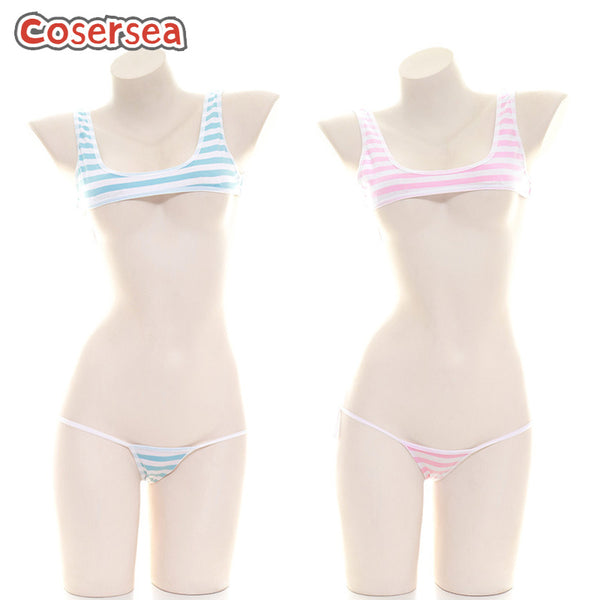 Blue White Pink Striped Lace-up Nipple Sexy Women Private Underwear