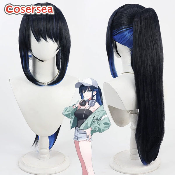 Cosersea Blue Archive Jomae Saori 60cm Mixed Blue Ponytail Cosplay Wigs
