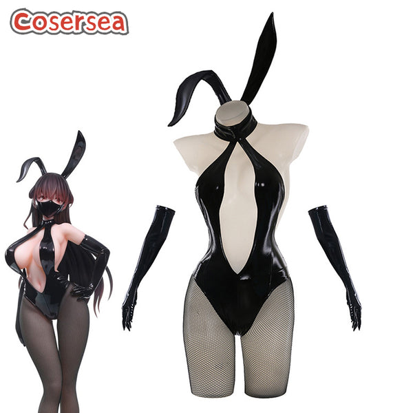 Cute Girls Black Bunny Cosplay Costume Sexy Elastic PU Leather Jumpsuit