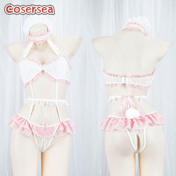 Cute Pink Bunny Maid Pajamas Sexy Ruffled Jumpsuit Hollowed Out Bikini