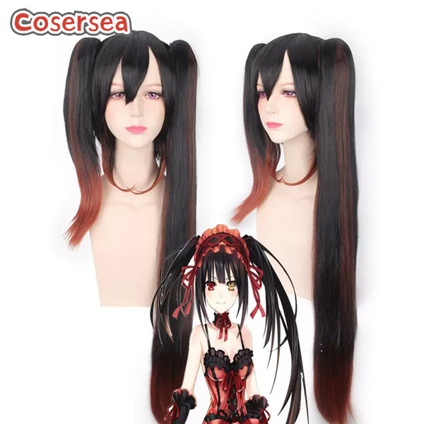 Date a Live Tokisaki Kurumi 80cm Black Mixed Red Ponytail Cosplay Wigs