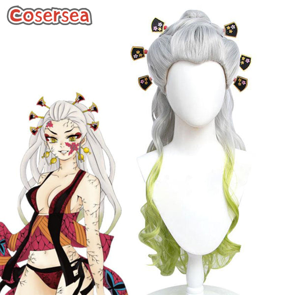 Demon Slaye Daki 90cm Curly Gray Gradient Light Green Cosplay Wigs