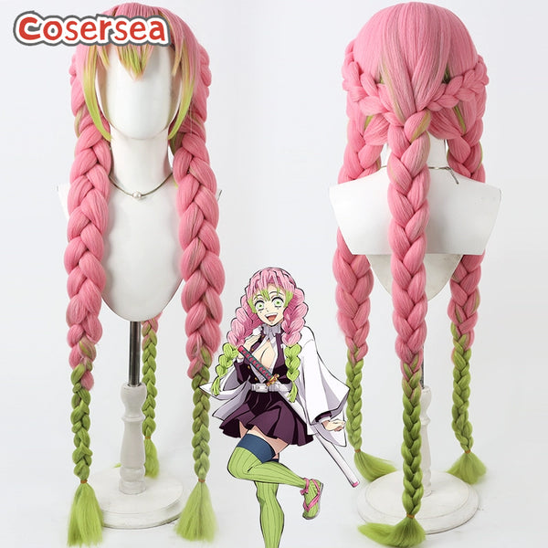 Cosersea Demon Slayer Kimetsu no Yaiba Kanroji Mitsuri Pink Mixed Green Braided Cosplay Wigs