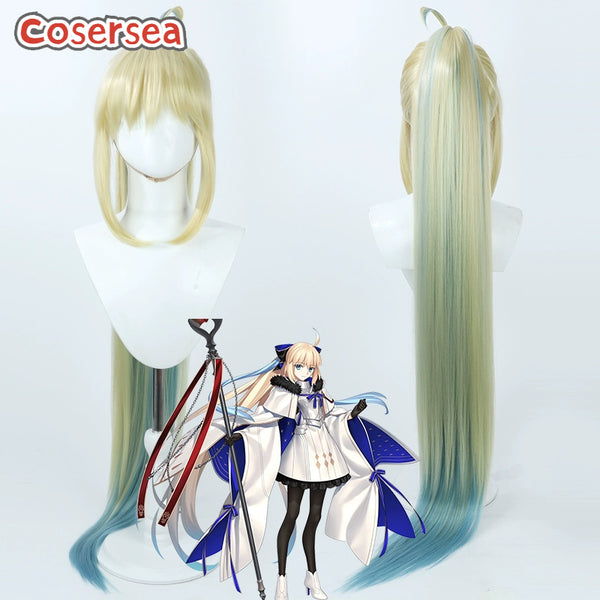 FGO Aesc the Savior 120cm Blonde Mixed Blue Ponytail Cosplay Wigs