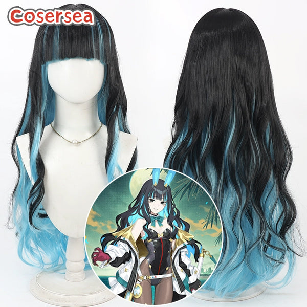 Fate Grand Order FGO Tlaloc 80cm Black Mixed Blue Cosplay Wigs