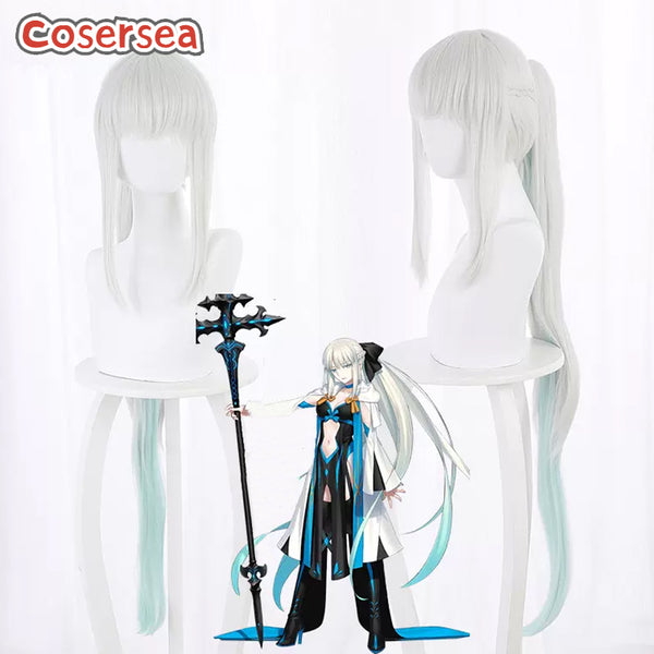 Fate FGO Morgan 100cm Long Silver White Mixed Green Ponytail Cosplay Wigs