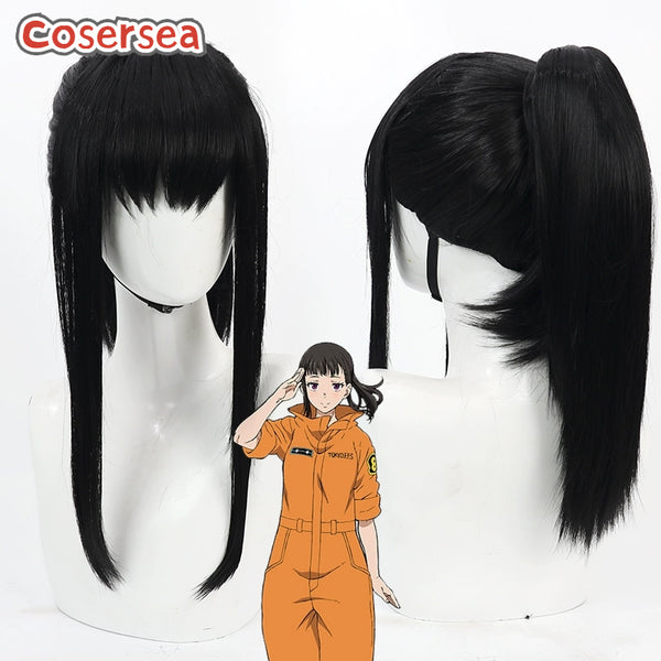 Fire Force Maki Oze 50cm Black Ponytail Cosplay Wigs