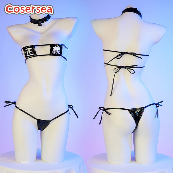 Fun Block Bikini Black PU Leather Printing Super Small Underwear