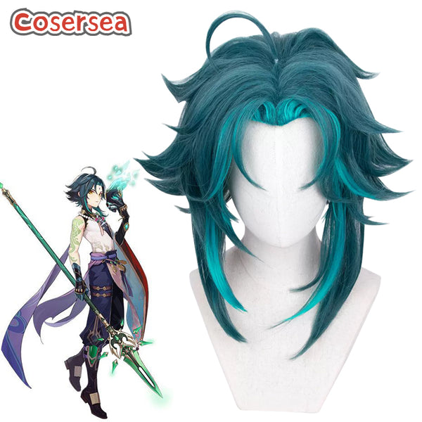 Game Genshin Impact Xiao 40cm Mixed Green Cosplay Wigs