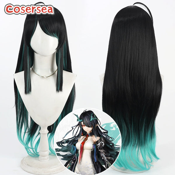 Game Arknights Dusk 100cm Black Mixed Green Cosplay Wigs