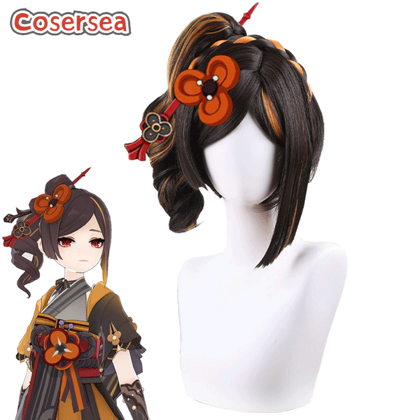 Genshin Impact Chiori Black Mixed Orange Ponytail Cosplay Wigs