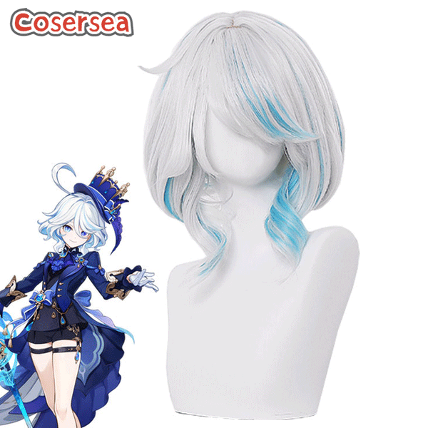Genshin Impact Fontaine Furina 35cm Silver Grey Mixed Blue Cosplay Wigs
